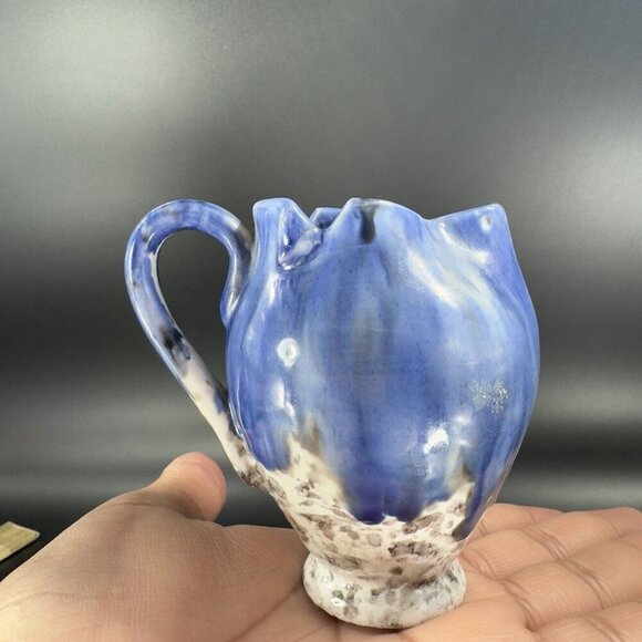 Italian Art Pottery Small Pitcher Creamer Drip Glaze Folded Edges Specked Inside - Picture 13 of 16